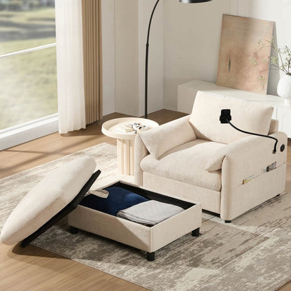 Divano singolo in ciniglia da 38 pollici con pouf contenitore, caricabatterie USB, tasche laterali portaoggetti, braccioli simili a cuscini