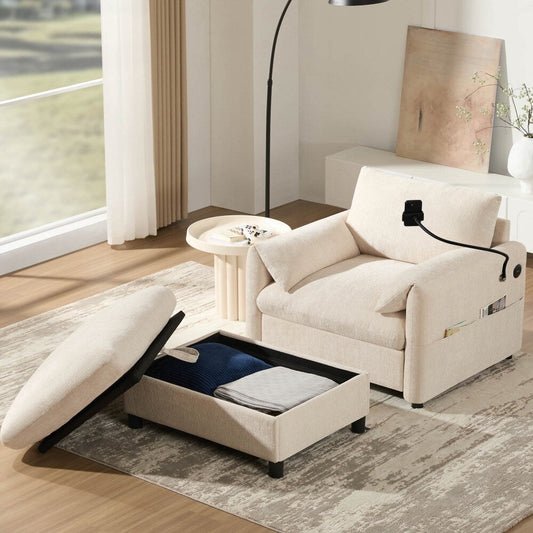 Divano singolo in ciniglia da 38 pollici con pouf contenitore, caricabatterie USB, tasche laterali portaoggetti, braccioli simili a cuscini