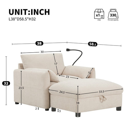 Divano singolo in ciniglia da 38 pollici con pouf contenitore, caricabatterie USB, tasche laterali portaoggetti, braccioli simili a cuscini