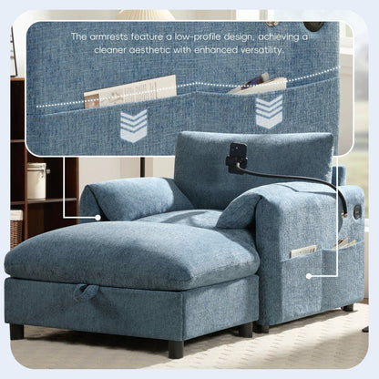 Divano singolo in ciniglia da 38 pollici con pouf contenitore, caricabatterie USB, tasche laterali portaoggetti, braccioli simili a cuscini