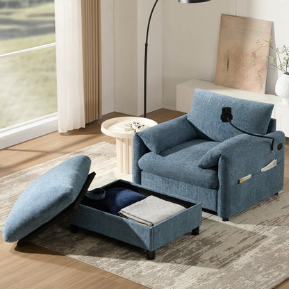 Divano singolo in ciniglia da 38 pollici con pouf contenitore, caricabatterie USB, tasche laterali portaoggetti, braccioli simili a cuscini