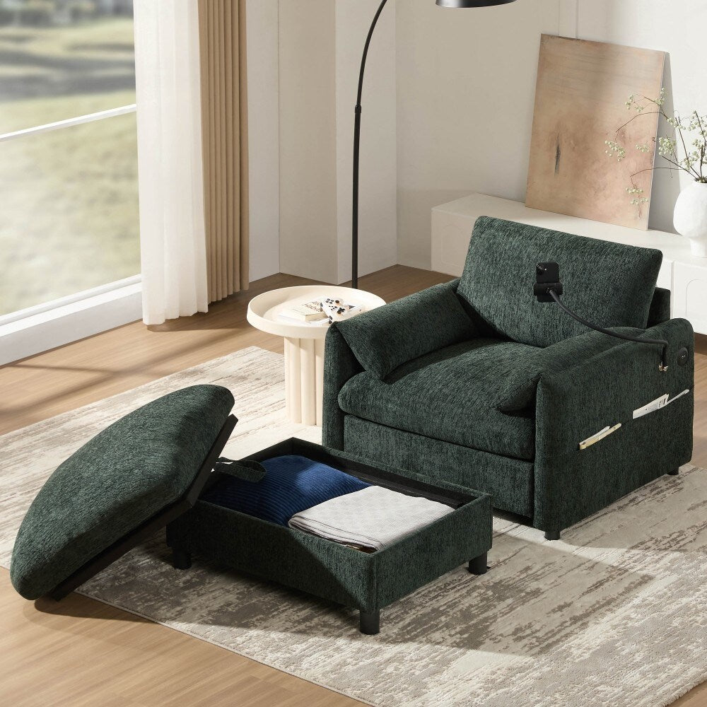 Divano singolo in ciniglia da 38 pollici con pouf contenitore, caricabatterie USB, tasche laterali portaoggetti, braccioli simili a cuscini