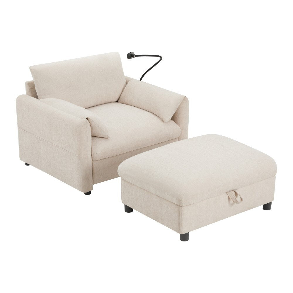 Divano singolo in ciniglia da 38 pollici con pouf contenitore, caricabatterie USB, tasche laterali portaoggetti, braccioli simili a cuscini