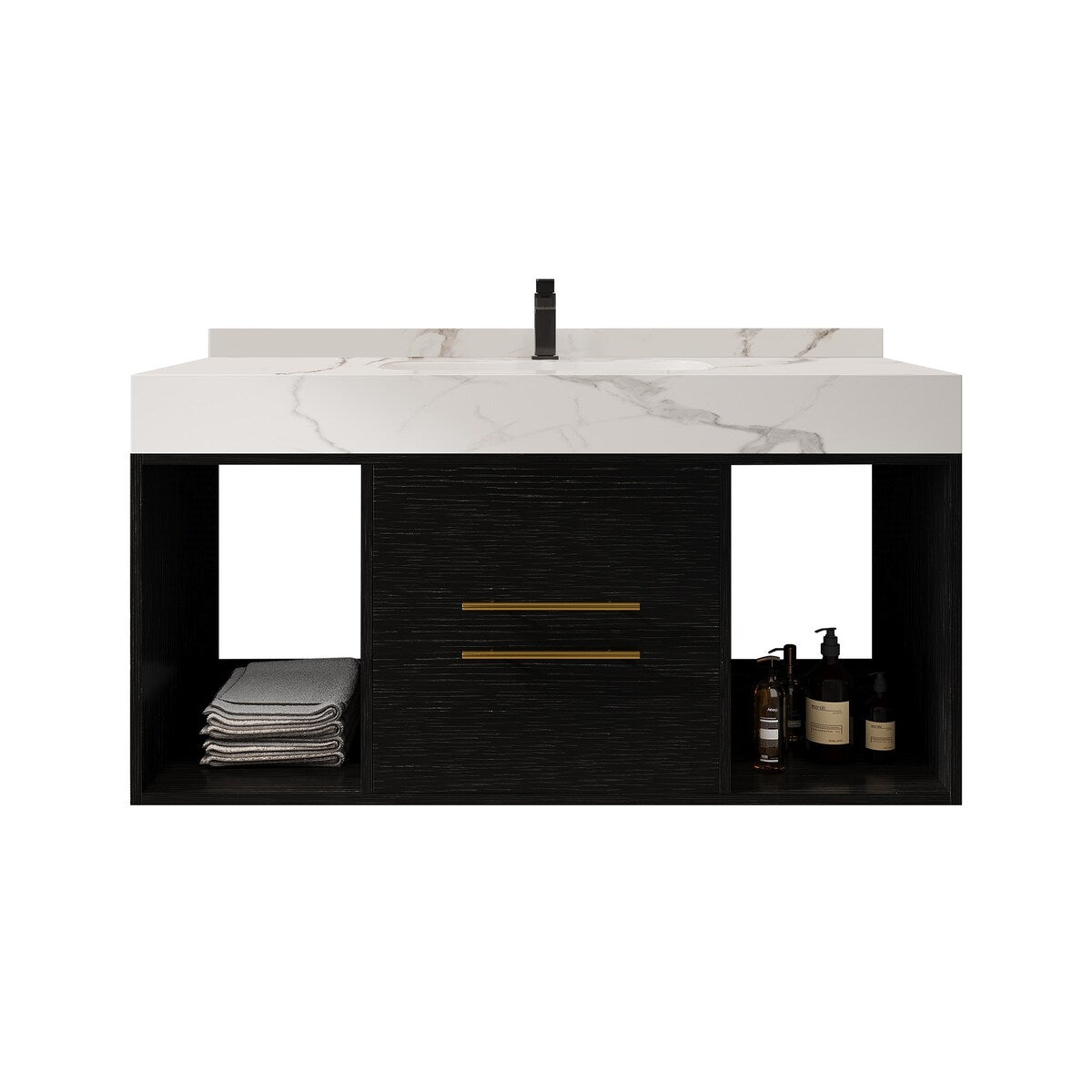 Mobile bagno sospeso da 39,4'' con lavabo in ceramica, mobile sospeso a parete, 2 cassetti con chiusura ammortizzata e piano in ardesia bianca - 39'4 x 18'9