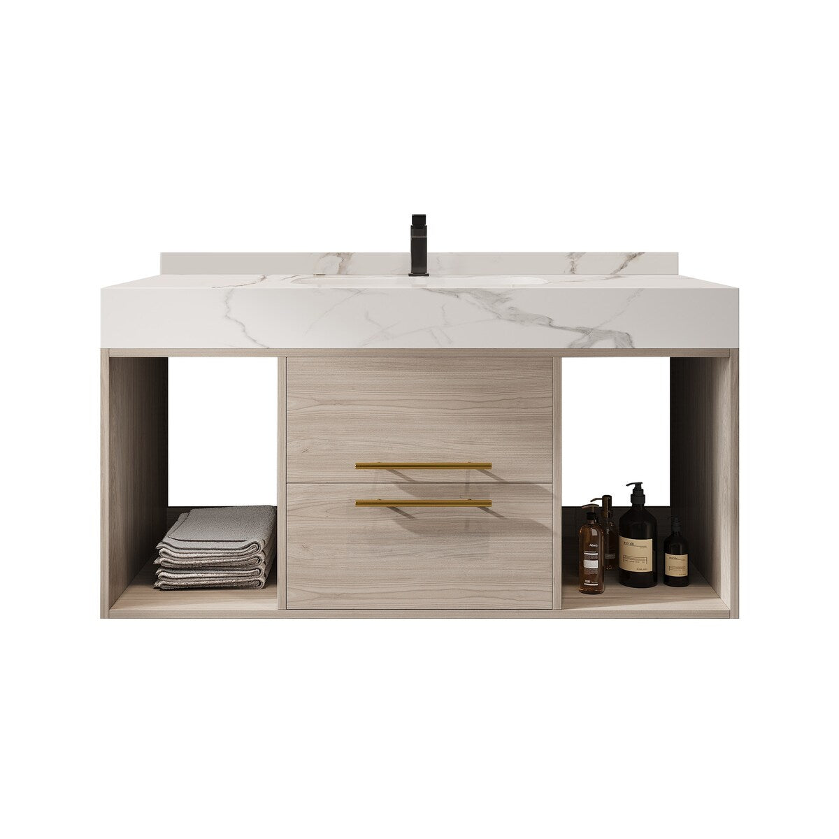 Mobile bagno sospeso da 39,4'' con lavabo in ceramica, mobile sospeso a parete, 2 cassetti con chiusura ammortizzata e piano in ardesia bianca - 39'4 x 18'9