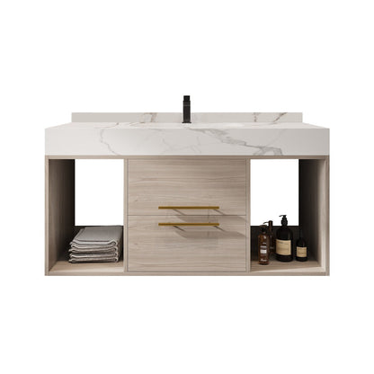Mobile bagno sospeso da 39,4'' con lavabo in ceramica, mobile sospeso a parete, 2 cassetti con chiusura ammortizzata e piano in ardesia bianca - 39'4 x 18'9