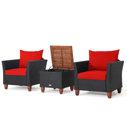Set di mobili da giardino in rattan da 3 pezzi, divano imbottito con tavolo contenitore