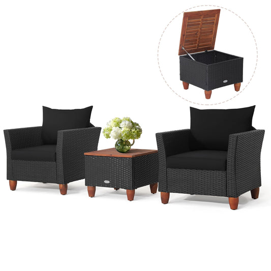 Set di mobili da giardino in rattan da 3 pezzi, divano imbottito con tavolo contenitore