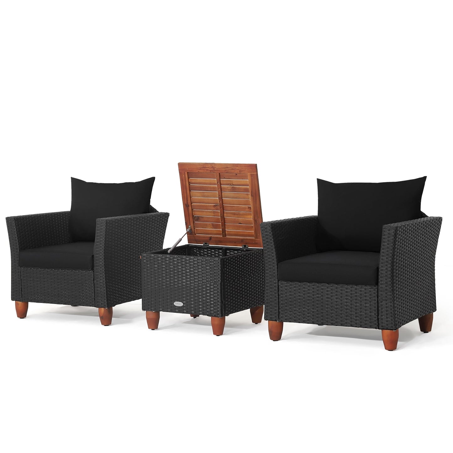 Set di mobili da giardino in rattan da 3 pezzi, divano imbottito con tavolo contenitore
