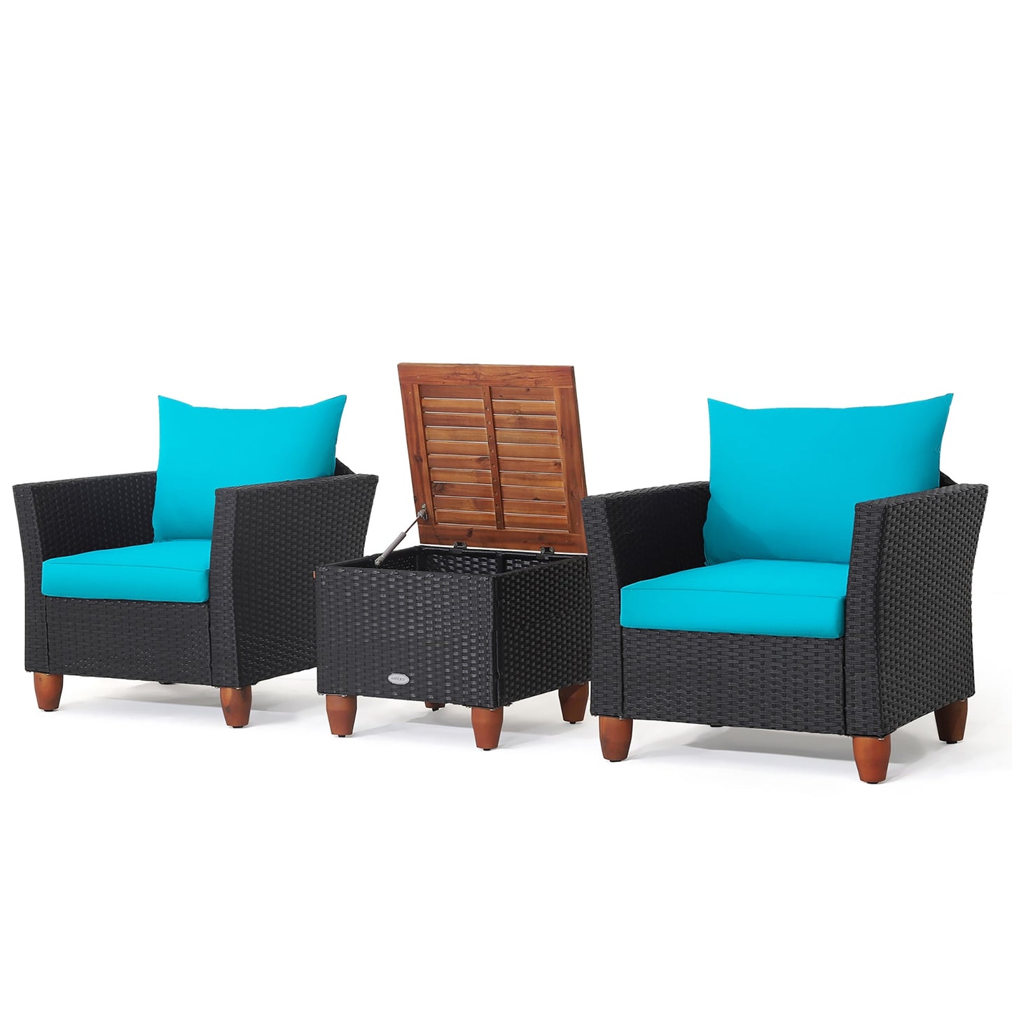 Set di mobili da giardino in rattan da 3 pezzi, divano imbottito con tavolo contenitore