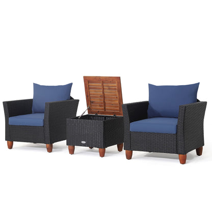 Set di mobili da giardino in rattan da 3 pezzi, divano imbottito con tavolo contenitore