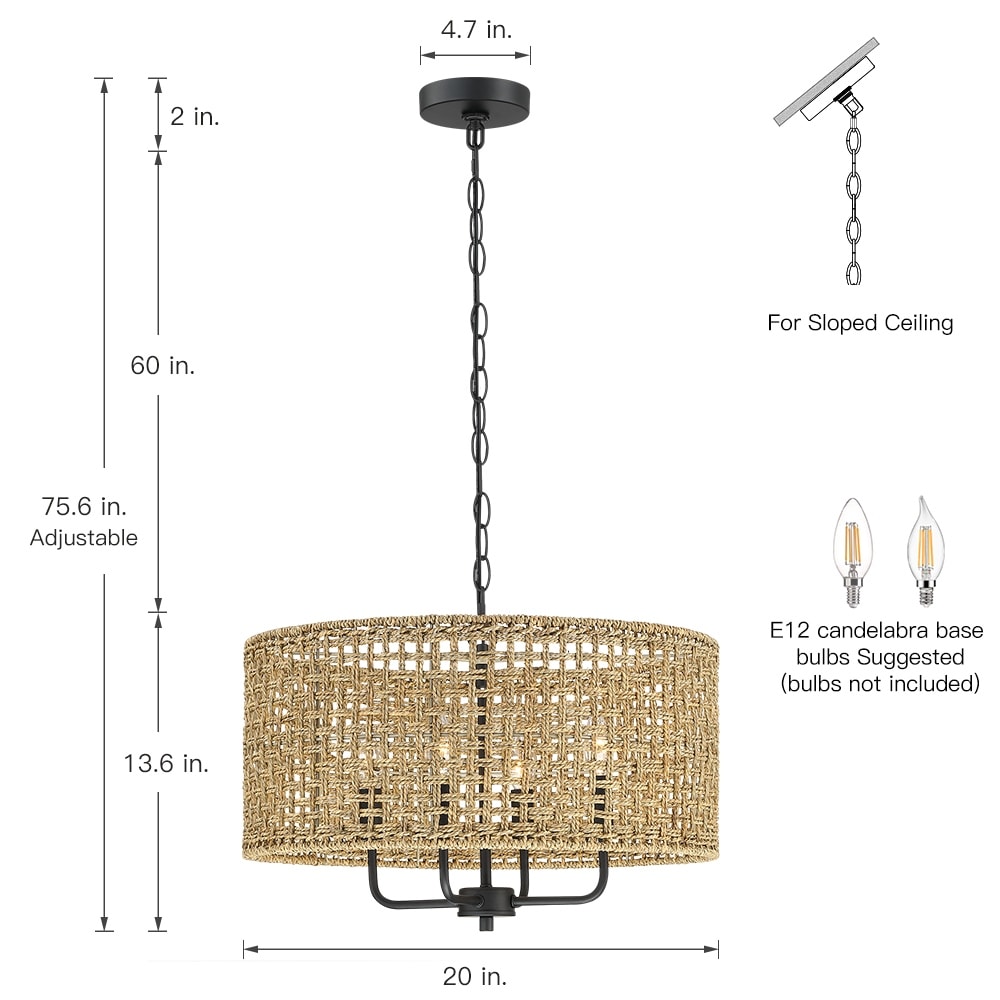 Lampadario a tamburo intrecciato a mano in stile bohémien a 4 luci - Paglia - 20 pollici di larghezza