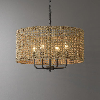 Lampadario a tamburo intrecciato a mano in stile bohémien a 4 luci - Paglia - 20 pollici di larghezza