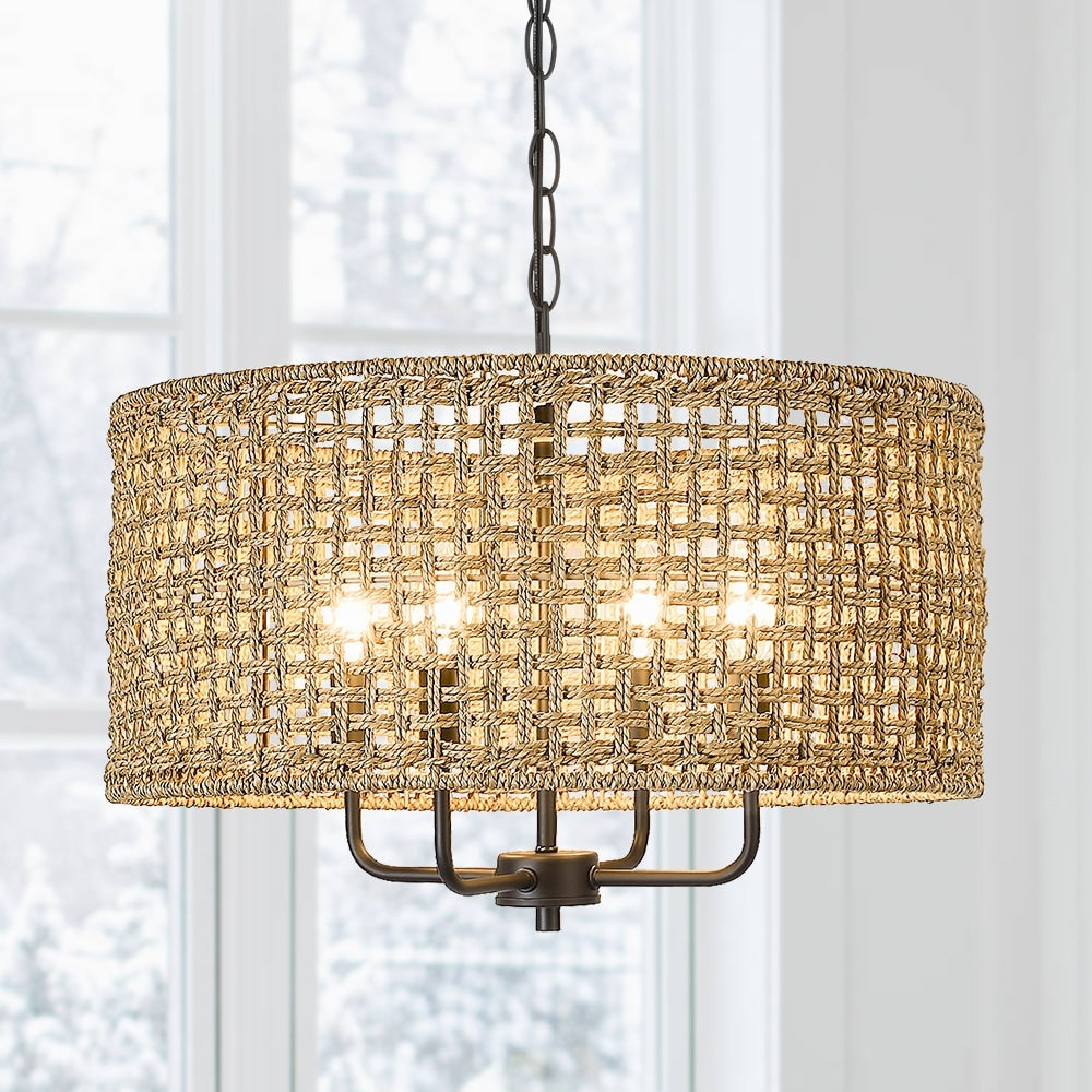 Lampadario a tamburo intrecciato a mano in stile bohémien a 4 luci - Paglia - 20 pollici di larghezza