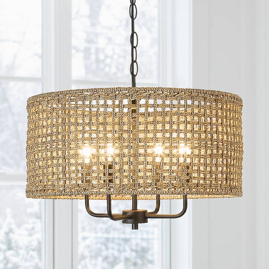 Lampadario a tamburo intrecciato a mano in stile bohémien a 4 luci - Paglia - 20 pollici di larghezza