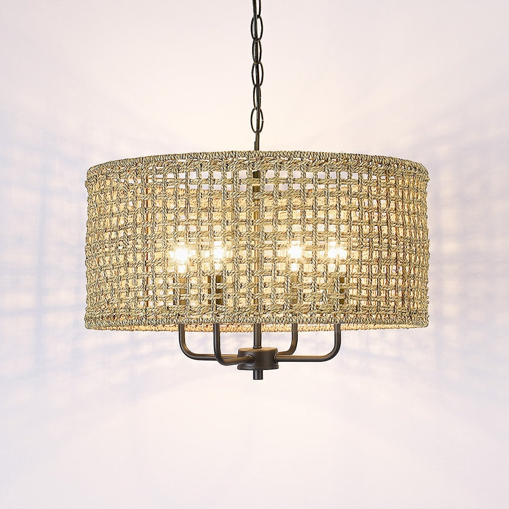 Lampadario a tamburo intrecciato a mano in stile bohémien a 4 luci - Paglia - 20 pollici di larghezza