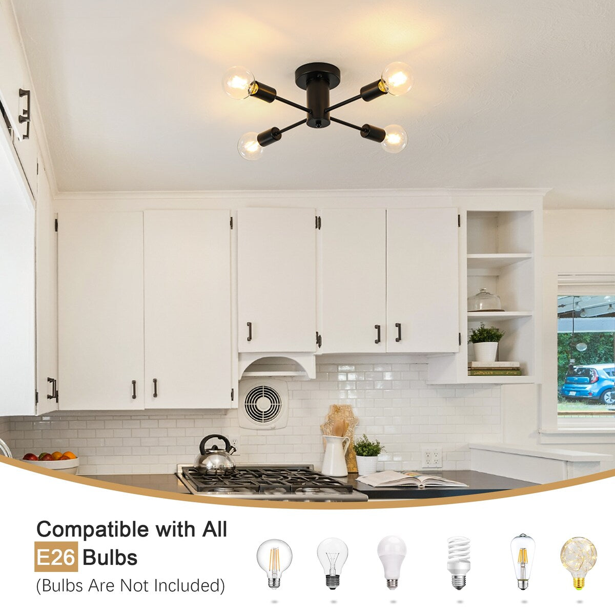 Lampada da soffitto industriale a 4 luci con montaggio a semi-incasso per cucina, sala da pranzo, camera da letto, studio, soggiorno - N/D