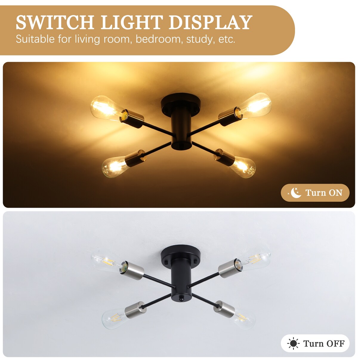 Lampada da soffitto industriale a 4 luci con montaggio a semi-incasso per cucina, sala da pranzo, camera da letto, studio, soggiorno - N/D