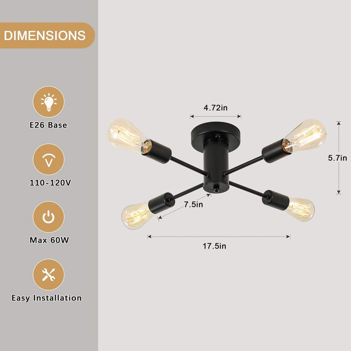 Lampada da soffitto industriale a 4 luci con montaggio a semi-incasso per cucina, sala da pranzo, camera da letto, studio, soggiorno - N/D
