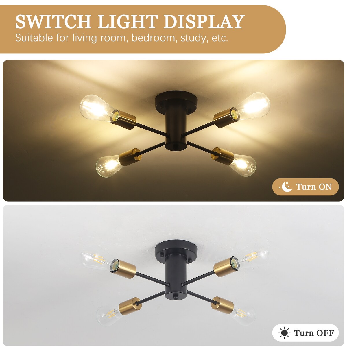 Lampada da soffitto industriale a 4 luci con montaggio a semi-incasso per cucina, sala da pranzo, camera da letto, studio, soggiorno - N/D