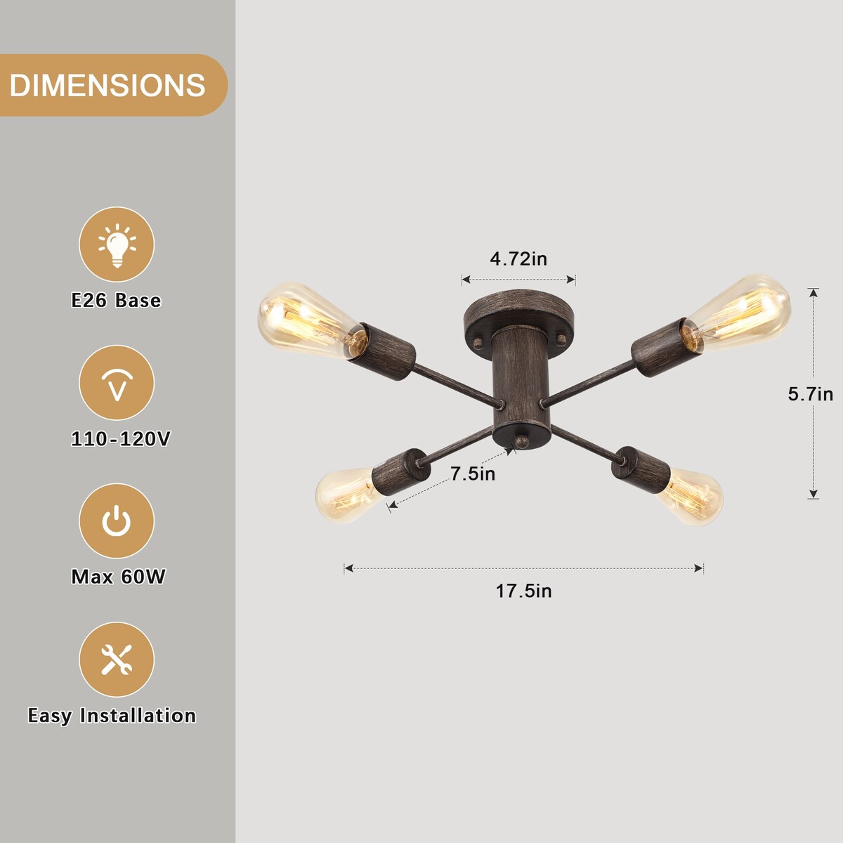 Lampada da soffitto industriale a 4 luci con montaggio a semi-incasso per cucina, sala da pranzo, camera da letto, studio, soggiorno - N/D