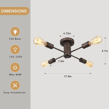 Lampada da soffitto industriale a 4 luci con montaggio a semi-incasso per cucina, sala da pranzo, camera da letto, studio, soggiorno - N/D