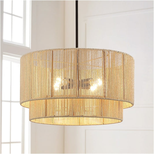 Lampadario a tamburo a 4 luci in rattan con baldacchino nero - 22'' W