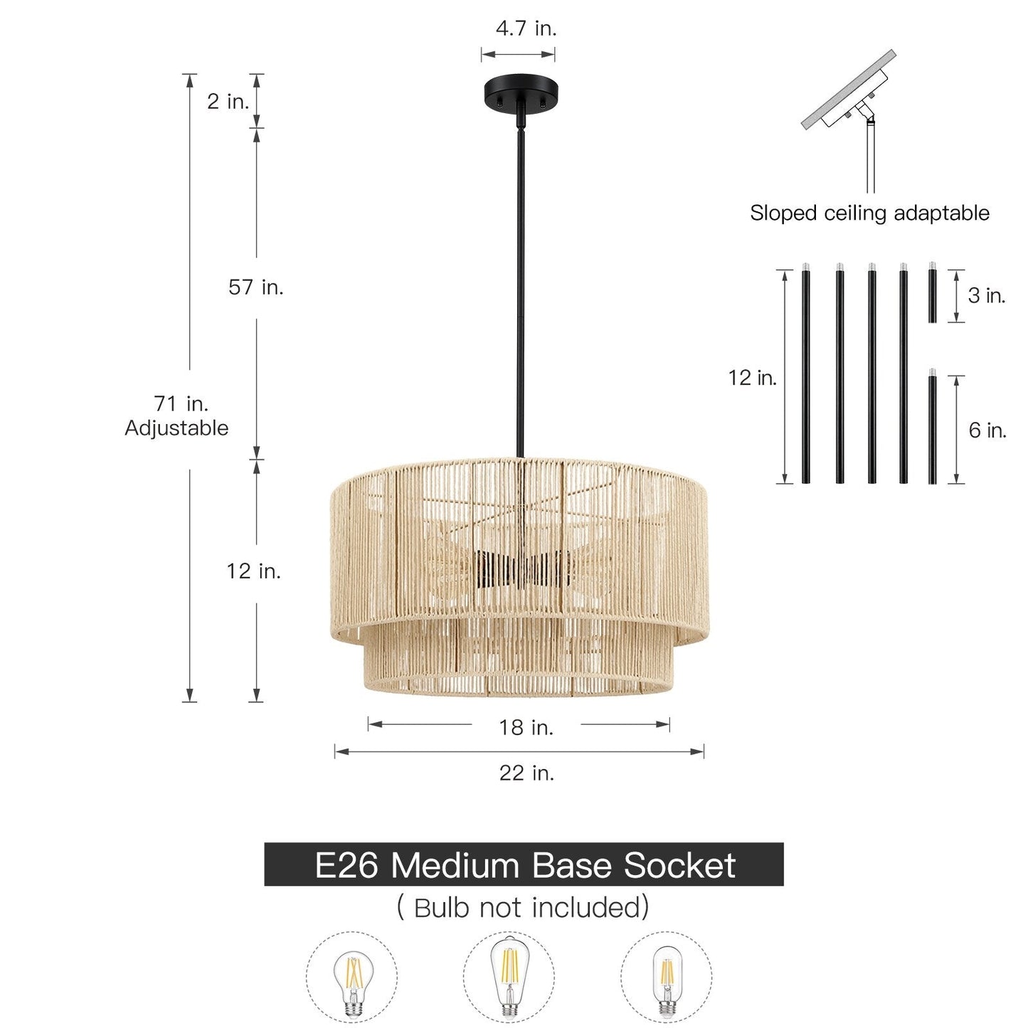Lampadario a tamburo a 4 luci in rattan con baldacchino nero - 22'' W