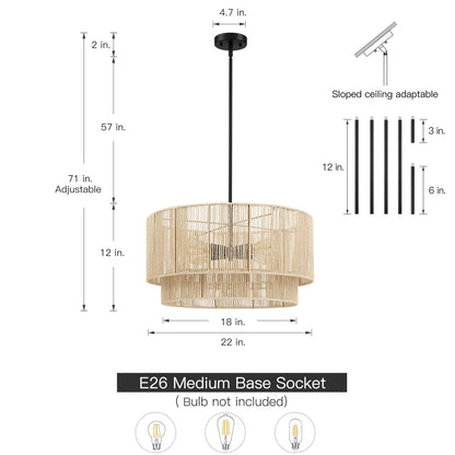 Lampadario a tamburo a 4 luci in rattan con baldacchino nero - 22'' W