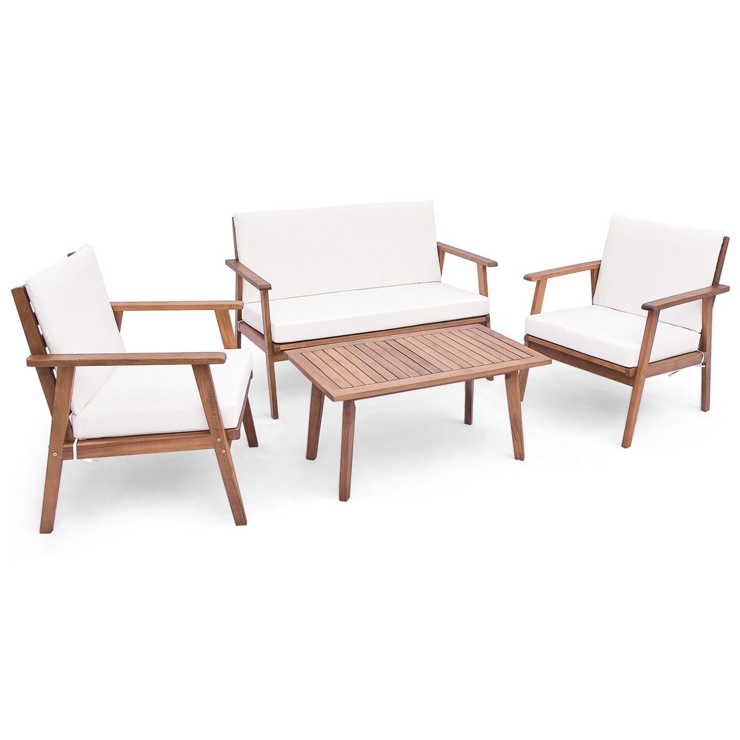 Set da conversazione da giardino con divano e tavolino in legno di acacia da 4 pezzi con cuscini