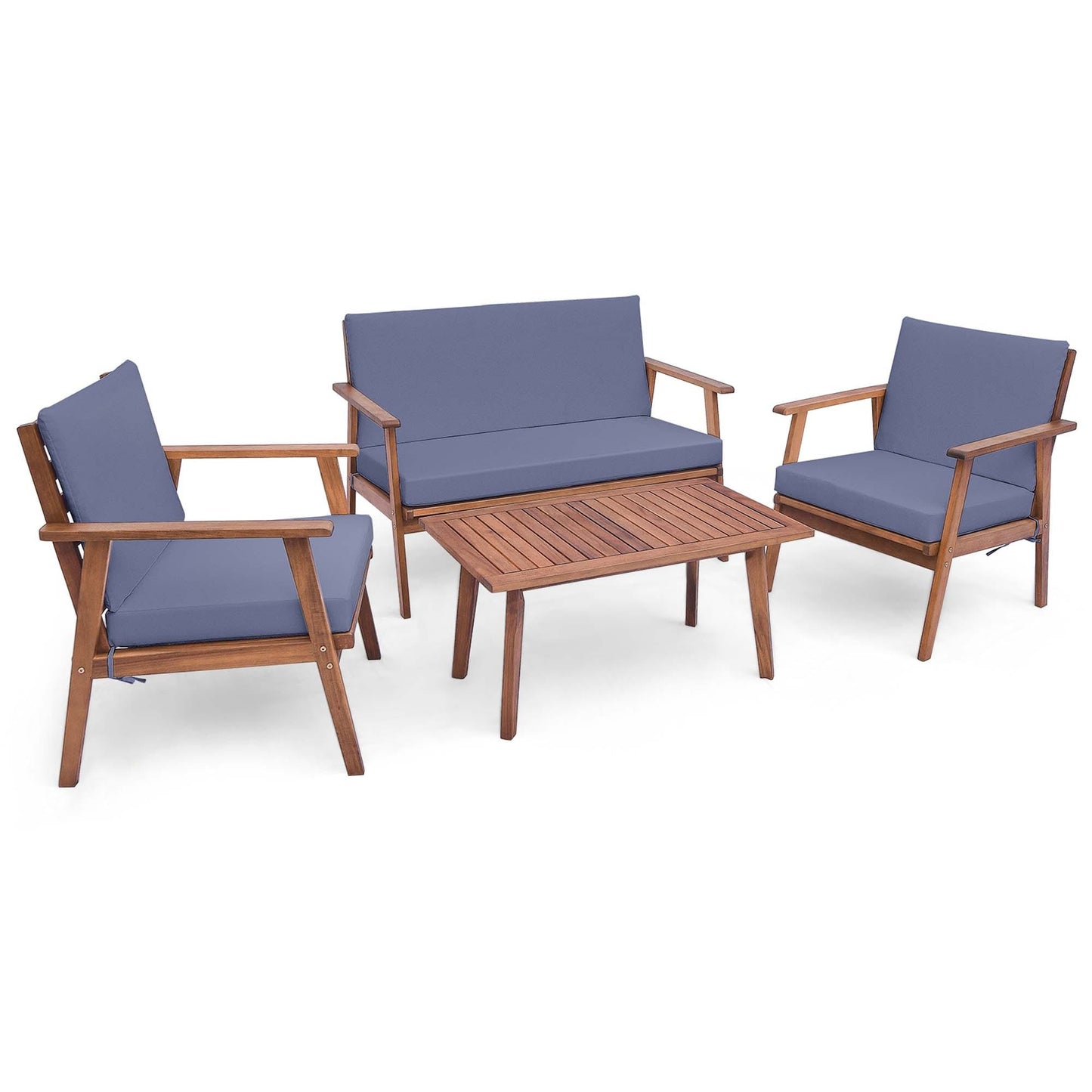 Set da conversazione da giardino con divano e tavolino in legno di acacia da 4 pezzi con cuscini