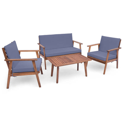 Set da conversazione da giardino con divano e tavolino in legno di acacia da 4 pezzi con cuscini