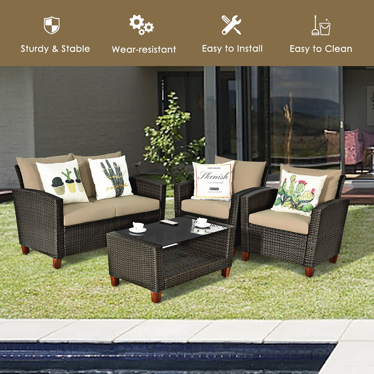Set di 4 mobili da giardino in rattan e vimini per esterni