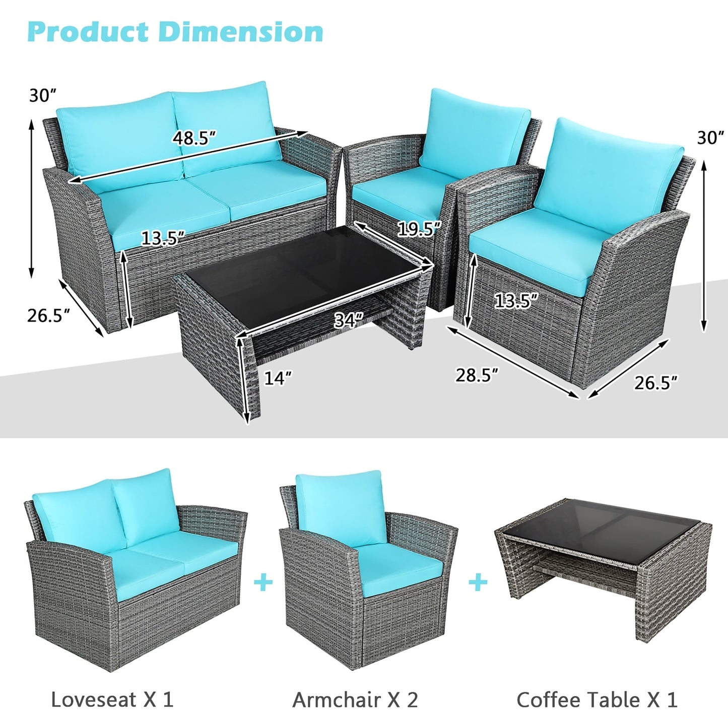 Set di divani da esterno da 4 pezzi con tavolino da caffè, set di divani da conversazione per esterni