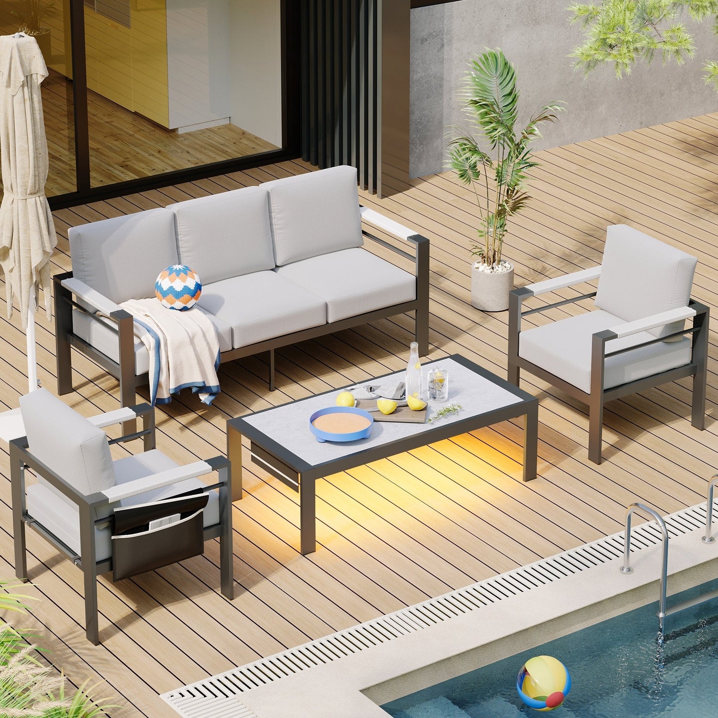 Set da conversazione da patio in alluminio da 4 pezzi e 5 posti con cuscini, tavolino da caffè a LED e divano