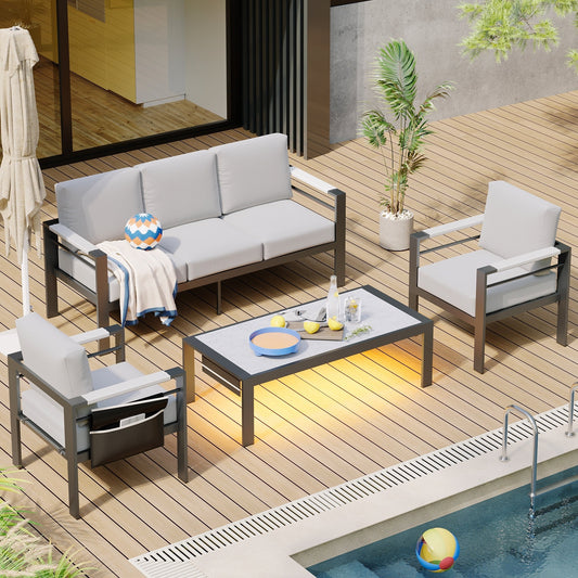 Set da conversazione da patio in alluminio da 4 pezzi e 5 posti con cuscini, tavolino da caffè a LED e divano