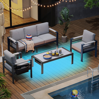 Set da conversazione da patio in alluminio da 4 pezzi e 5 posti con cuscini, tavolino da caffè a LED e divano