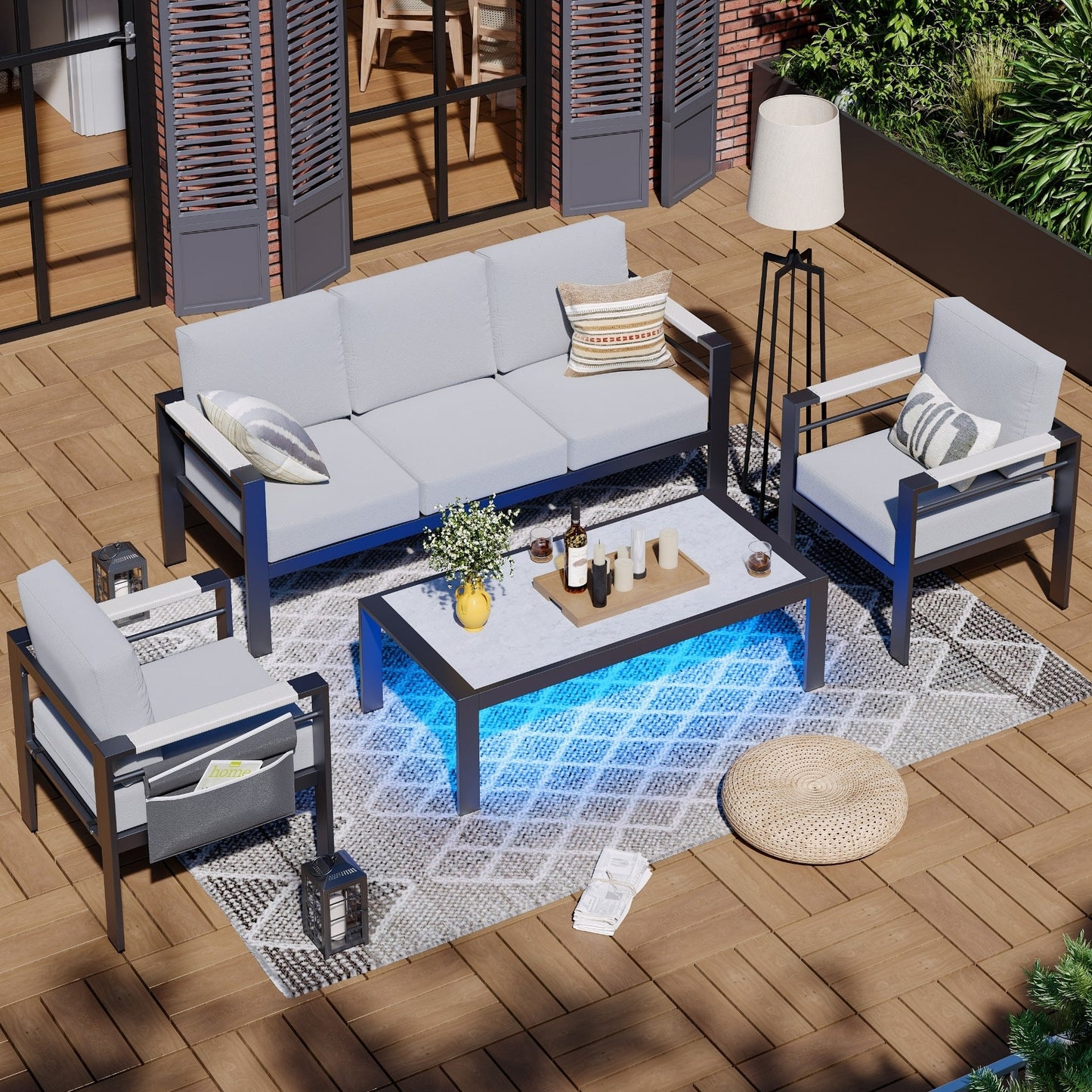 Set da conversazione da patio in alluminio da 4 pezzi e 5 posti con cuscini, tavolino da caffè a LED e divano