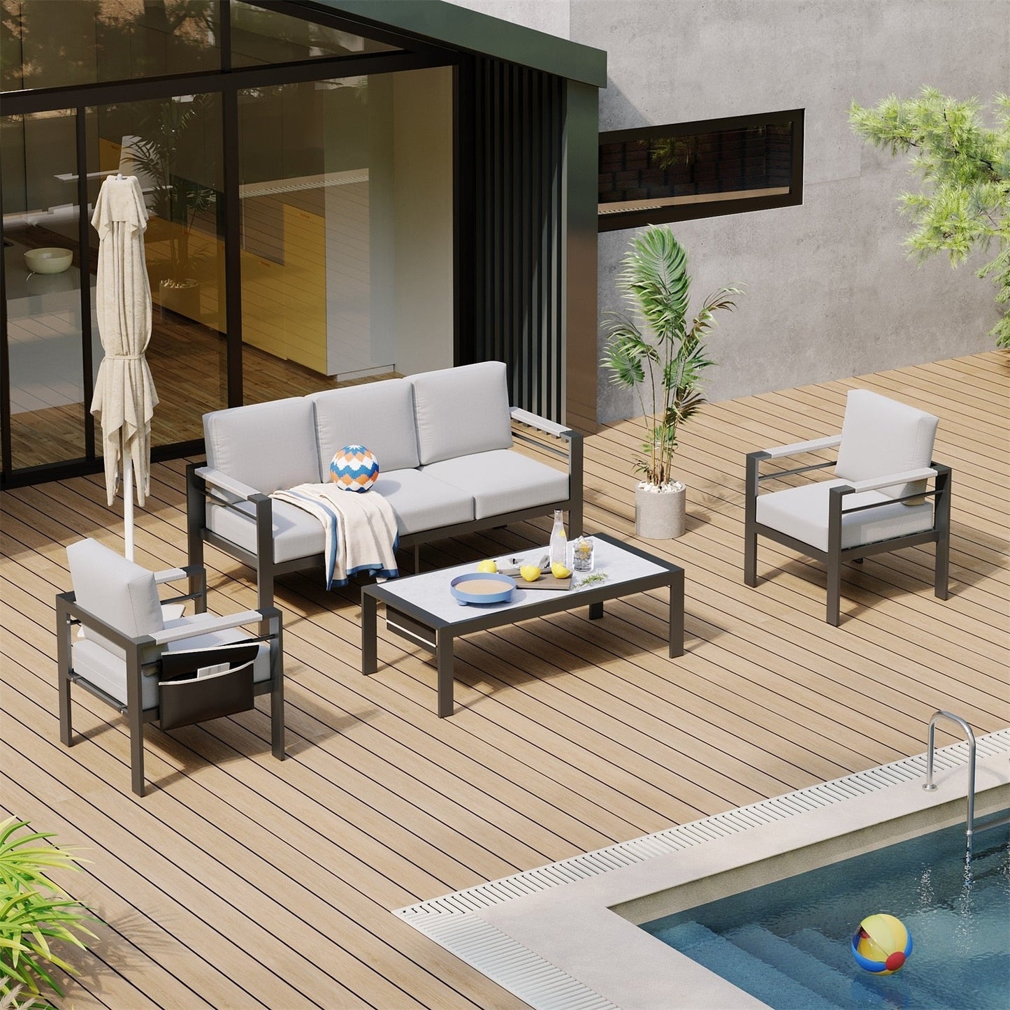 Set da conversazione da patio in alluminio da 4 pezzi e 5 posti con cuscini, tavolino da caffè a LED e divano
