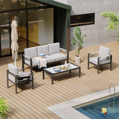 Set da conversazione da patio in alluminio da 4 pezzi e 5 posti con cuscini, tavolino da caffè a LED e divano