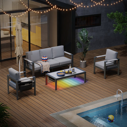 Set da conversazione da patio in alluminio da 4 pezzi e 5 posti con cuscini, tavolino da caffè a LED e divano