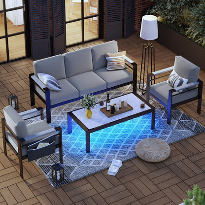 Set da conversazione da patio in alluminio da 4 pezzi e 5 posti con cuscini, tavolino da caffè a LED e divano