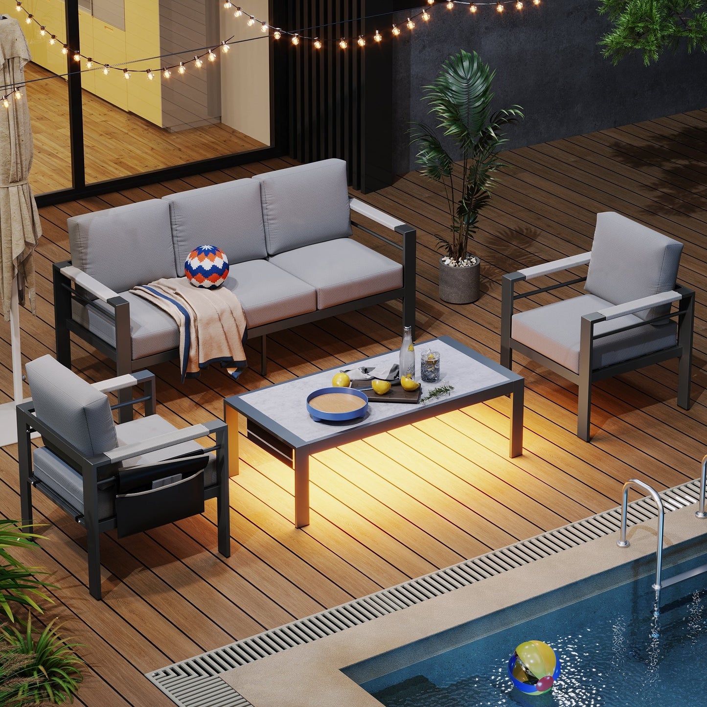 Set da conversazione da patio in alluminio da 4 pezzi e 5 posti con cuscini, tavolino da caffè a LED e divano