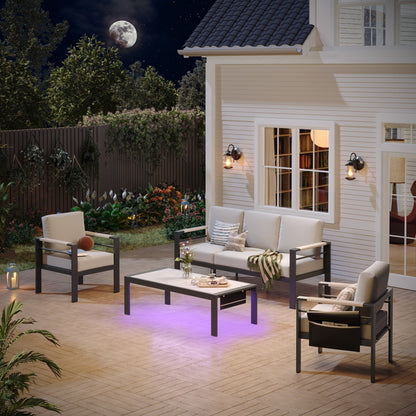 Set da conversazione da patio in alluminio da 4 pezzi e 5 posti con cuscini, tavolino da caffè a LED e divano