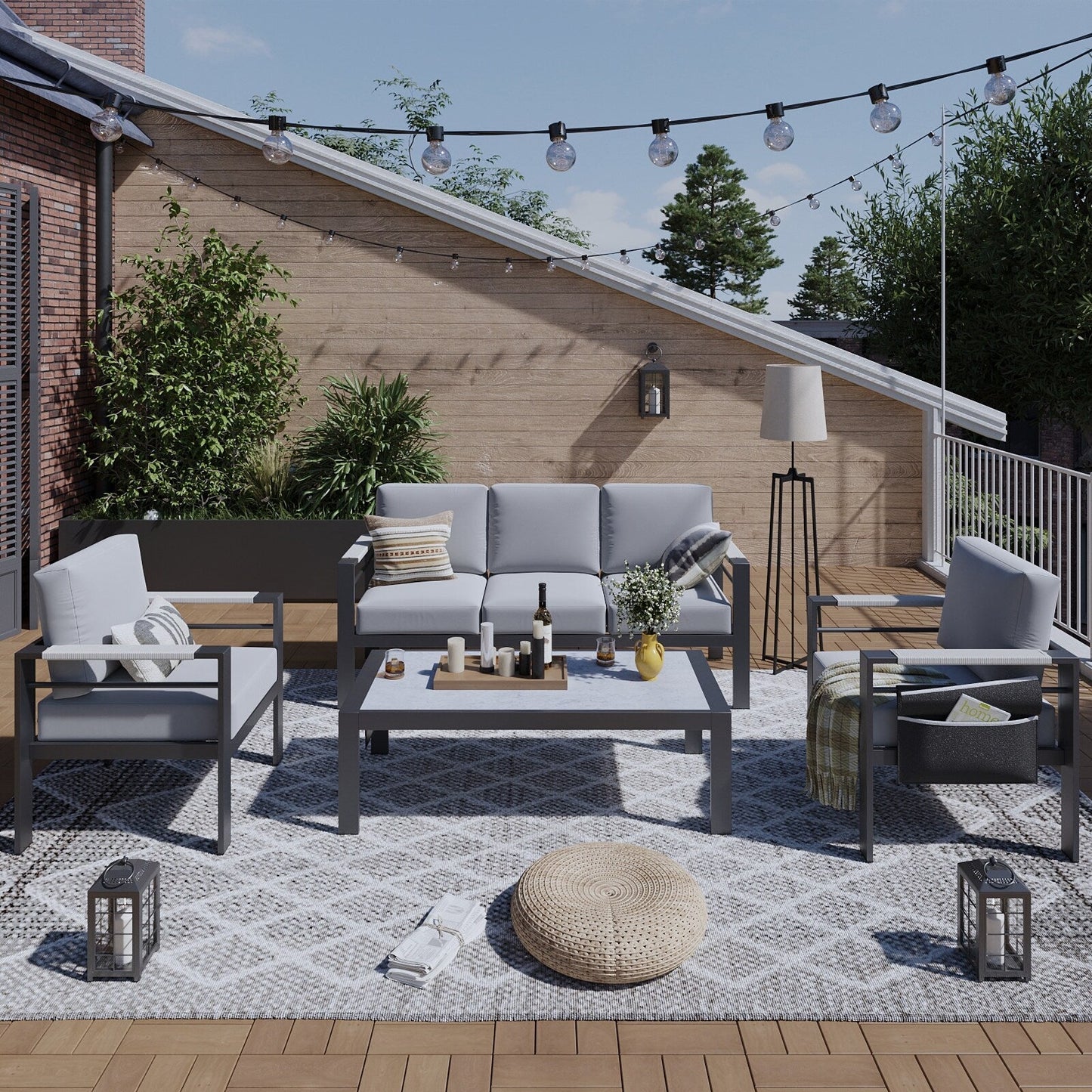 Set da conversazione da patio in alluminio da 4 pezzi e 5 posti con cuscini, tavolino da caffè a LED e divano