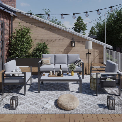 Set da conversazione da patio in alluminio da 4 pezzi e 5 posti con cuscini, tavolino da caffè a LED e divano