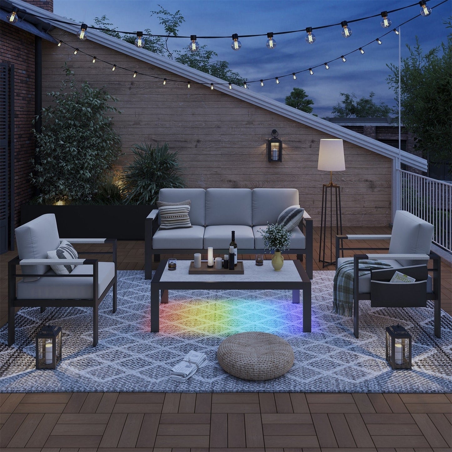 Set da conversazione da patio in alluminio da 4 pezzi e 5 posti con cuscini, tavolino da caffè a LED e divano