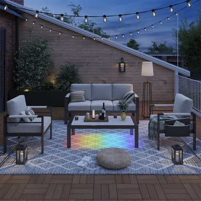 Set da conversazione da patio in alluminio da 4 pezzi e 5 posti con cuscini, tavolino da caffè a LED e divano