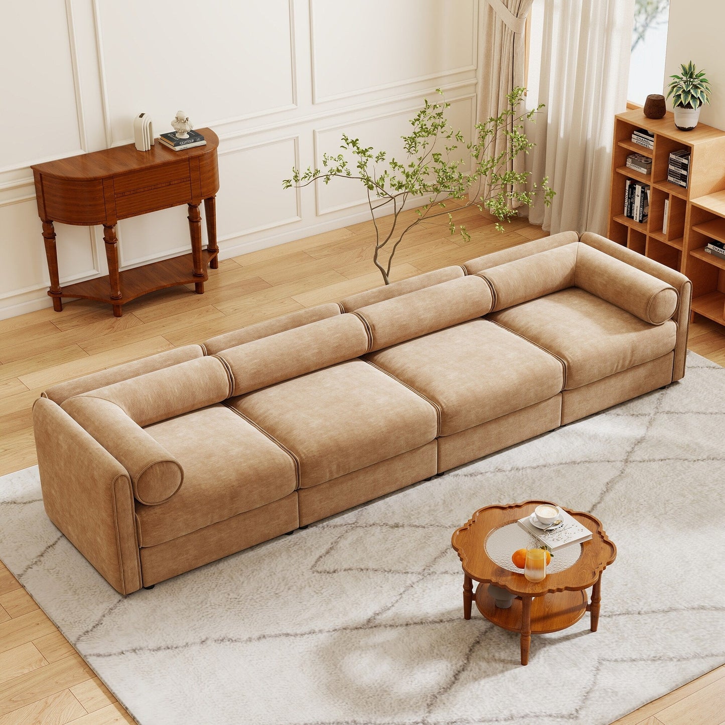 Divano componibile modulare a 4 pezzi - Chaise longue contenitore con schienali cilindrici, seduta profonda