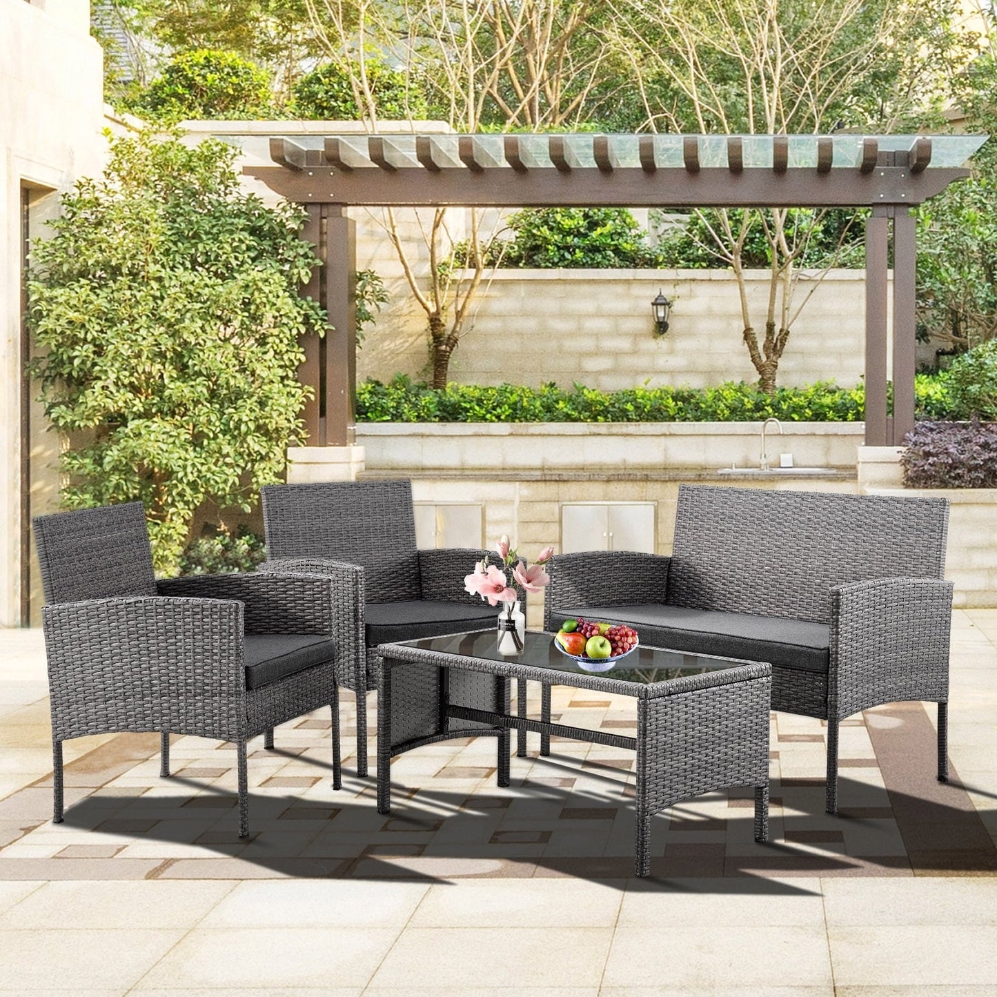 Set di 4 mobili da giardino in vimini per conversazioni, set di mobili da esterno in rattan con cuscini per giardino